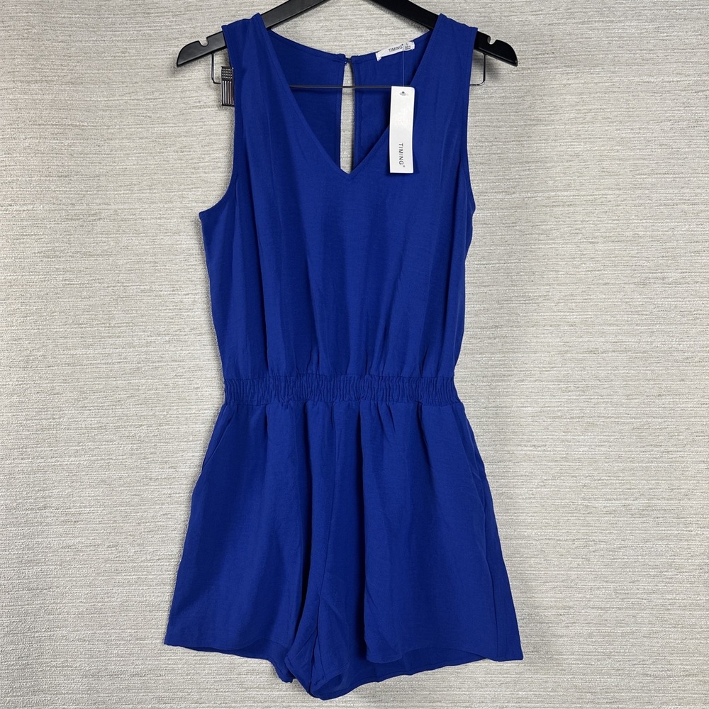 Timing Womens Romper Large Blue Sleeveless V Neck Elastic Waist Dressy Casual